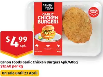 ALDI Canon Foods Garlic Chicken Burgers 4pk/400g offer