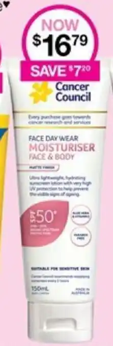 Priceline Cancer Council FACE DAY WEAR MOISTURISER FACE & BODY offer