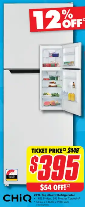 The Good Guys CHIQ 202L Top Mount Refrigerator offer