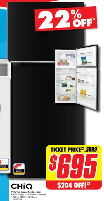 The Good Guys CHIQ 410L Top Mount Refrigerator offer