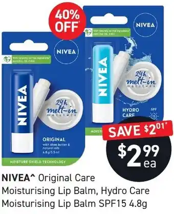 Chemist King NIVEA Original Care Moisturising Lip Balm, Hydro Care Moisturising Lip Balm SPF15 4.8g offer