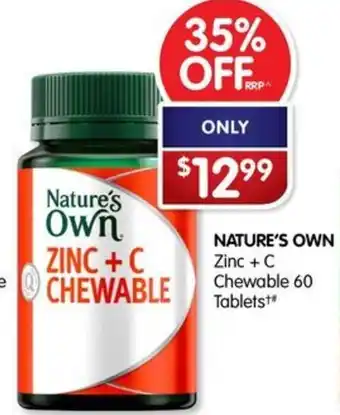 Alliance Pharmacy NATURE'S OWN Zinc + C Chewable 60 Tablets offer