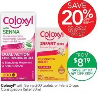 Terry White Coloxyl* with Senna 200 tablets or Infant Drops Constipation Relief 30ml offer