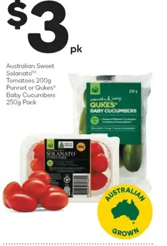 Woolworths Austrilian Sweet Salanato Tomatoes 200g/Punnet or Qukes Baby Cucumbers 250g offer