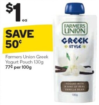 Woolworths Farmers Union Greek Yogurt Pouch 130g offer