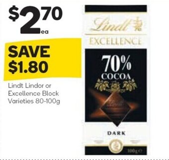 Woolworths Lindt Lindor or Excellence Block Varieties 80-100g offer