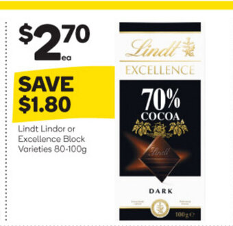 Woolworths Lindt Lindor or Excellence Block Varieties 80-100g offer