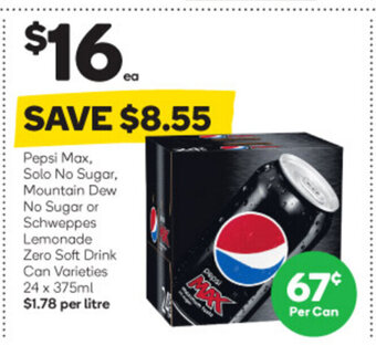 Pepsi Max, Solo No Sugar, Mountain Dew No Sugar or Schweppes Lemonade Zero Soft Drink Can Varieties 24 x 375ml