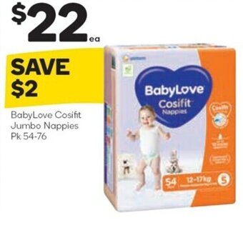 Woolworths BabyLove Cosifit Jumbo Nappies Pk 54-76 offer