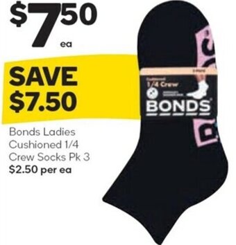 Woolworths Bonds Ladies Cushioned 1/4 Crew Socks Pk 3 offer