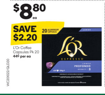 Woolworths L'Or Coffee Capsules Pk 20 offer