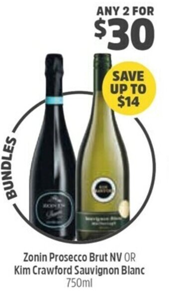 Woolworths Zonin Prosecco Brut NV or Kim Crawford Sauvignon Blanc 750ml offer