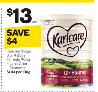 Woolworths Karicare Stage 3 or 4 Baby Formula 900g offer