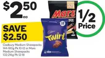 Woolworths Cadbury Medium Sharepacks 144-180g Pk 10-12 or Mars Medium Sharepacks 132-216g Pk 12-18 offer
