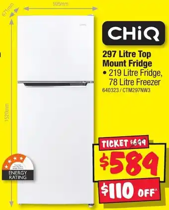 JB Hi-Fi CHIQ 297 Litre Top Mount Fridge offer