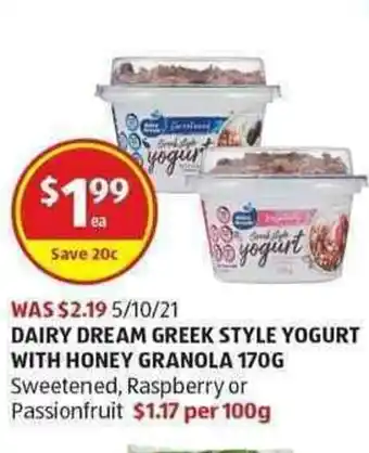 ALDI Dairy Dream Greek Style Yoghurt with Honey Granola 170g offer