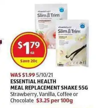 ALDI Essential Health Meal Replacement Shake 55g offer