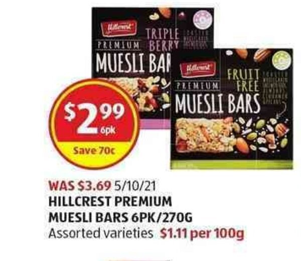 Hillcrest Premium Muesli Bars 6pk / 270g offer at ALDI