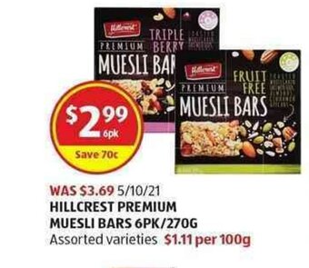 ALDI Hillcrest Premium Muesli Bars 6pk / 270g offer