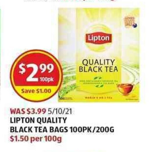 Lipton Quality Black Tea Bags 100pk / 200g offer at ALDI