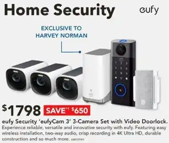 Harvey Norman eufy Security 'eufyCam 3' 3-Camera Set with Video Doorlock offer