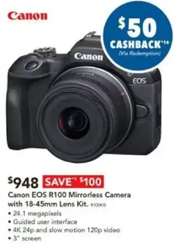 Harvey Norman Canon EOS R100 Mirrorless Camera with 18-45mm Lens Kit offer