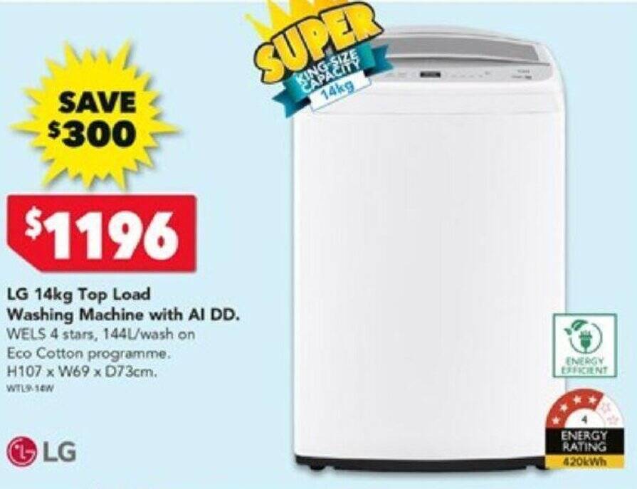 LG 14kg Top Load Washing Machine with AI DD offer at Harvey Norman