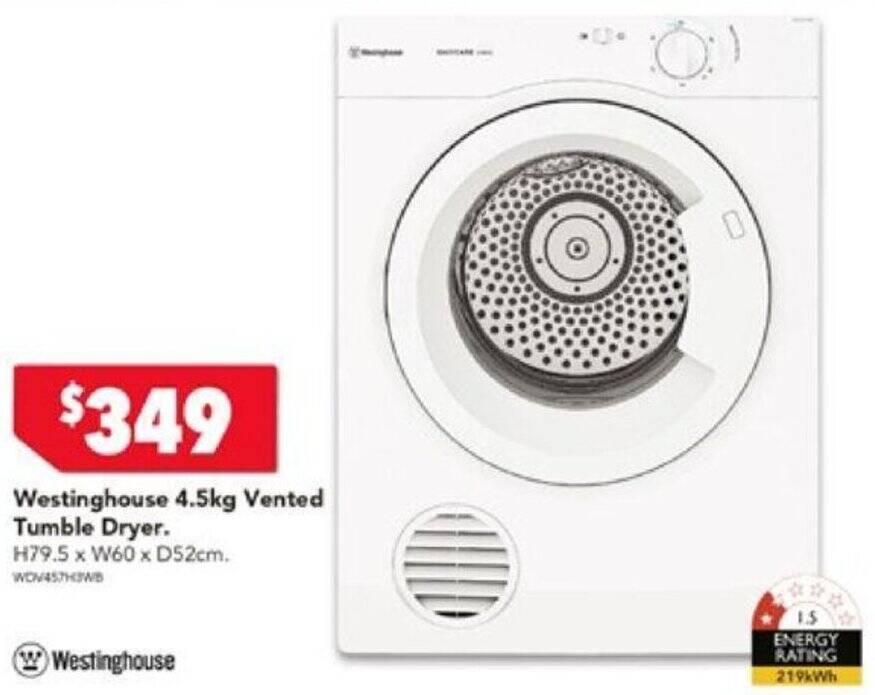 Westinghouse 4.5kg Vented Tumble Dryer offer at Harvey Norman