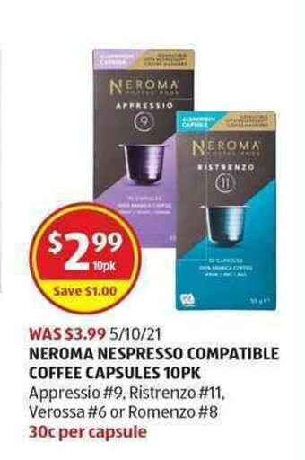 ALDI Neroma Nespresso Compatible Coffee Capsules 10pk offer