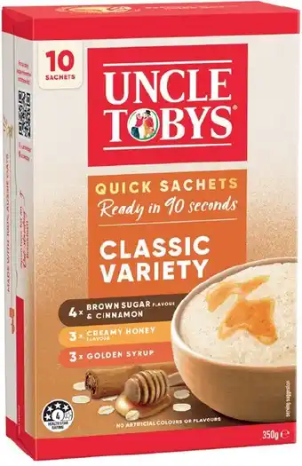 IGA Uncle Tobys Rolled Oats Quick Sachets 8-10 Pack Selected Varieties offer