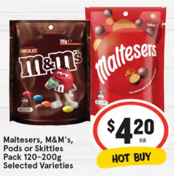 IGA Maltesers, M&M's, Pods or Skittles Pack 120-200g Selected Varieties offer