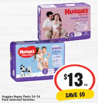 IGA Huggies Nappy Pants 24-36 Pack Selected Varieties offer