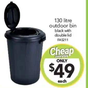 Cheap as Chips 130 litre outdoor bin black with double lid offer