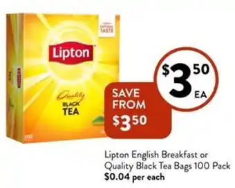 Foodworks Lipton English Breakfast or Quality Black Tea Bags 100 Pack offer
