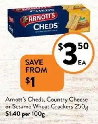 Foodworks Arnott's Cheds, Country Cheese or Sesame Wheat Crackers 250g offer