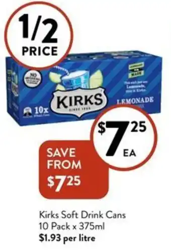Foodworks Kirks Soft Drink Cans 10 Pack x 375ml offer