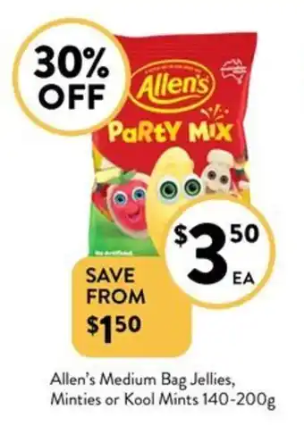 Foodworks Allen's Medium Bag Jellies, Minties or Kool Mints 140-200g offer