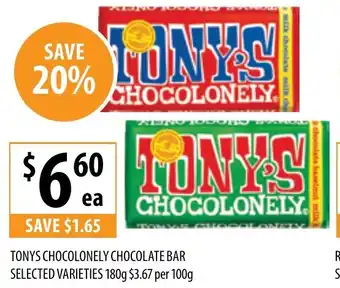 Supabarn TONYS CHOCOLONELY CHOCOLATE BAR SELECTED VARIETIES 180g offer