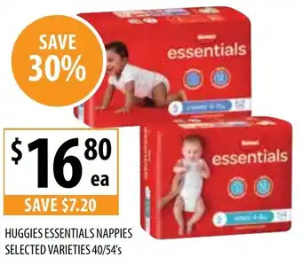 Supabarn HUGGIES ESSENTIALS NAPPIES SELECTED VARIETIES 40/54's offer