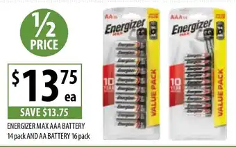 Supabarn ENERGIZER MAX AAA BATTERY 14 pack AND AA BATTERY 16 pack offer