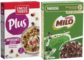 Coles Nestlé Milo 350g or Uncle Tobys Plus Cereal 410g-435g offer