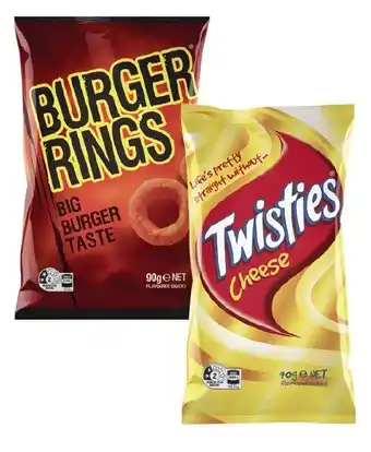 Coles Twisties, Cheetos or Burger Rings Snacks 65g-90g offer