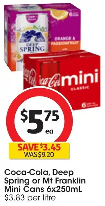 Coles Coca-Cola, Deep Spring or Mt Franklin Mini Cans 6x250mL offer