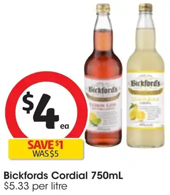 Coles Bickfords Cordial 750mL offer