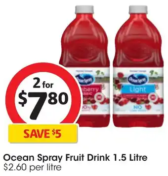 Coles Ocean Spray Fruit Drink 1.5 Litre offer