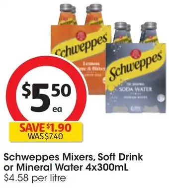 Coles Schweppes Mixers, Soft Drink or Mineral Water 4x300mL offer