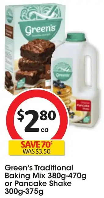 Coles Green's Traditional Baking Mix 380g-470g or Pancake Shake 300g-375g offer