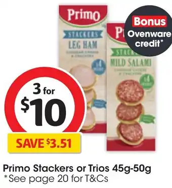 Coles Primo Stackers or Trios 45g-50g offer