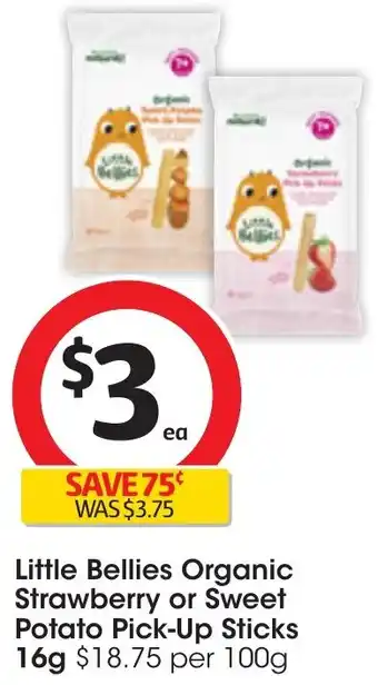 Coles Little Bellies Organic Strawberry or Sweet Potato Pick-Up Sticks 16g offer