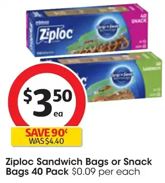 Coles Ziploc Sandwich Bags or Snack Bags 40 Pack offer